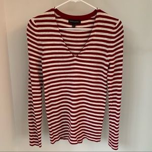 Red and white striped v-neck sweater